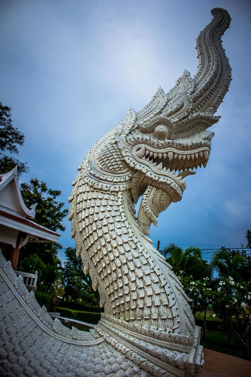 Detailreiche Steinschnitzerei eines asiatischen Drachen an einem Tempel