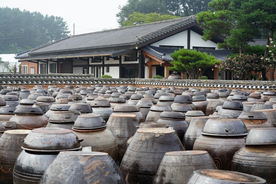 Viele traditionelle Onggi-Keramiktöpfe vor einem koreanischen Hanok-Haus