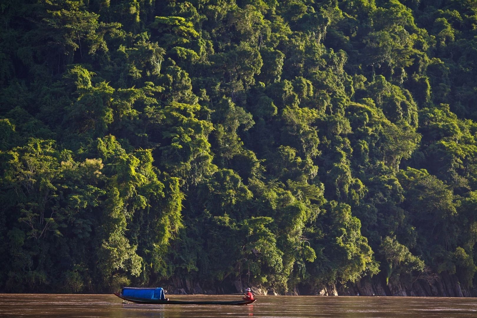 Longtail-Boot auf dem Mekong vor dicht bewaldetem Ufer in Laos